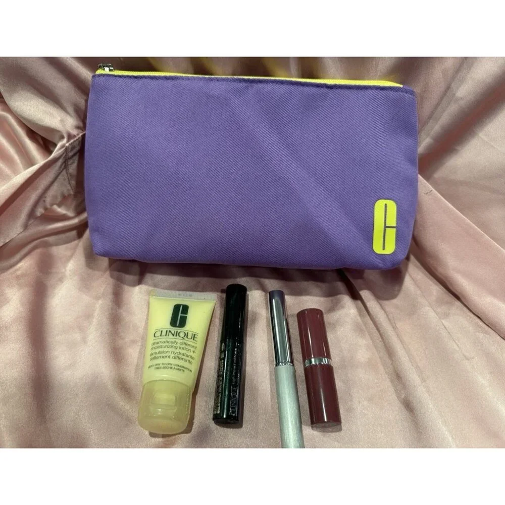 Clinique Skincare Makeup 5 Pcs Deluxe Sample Size Gift Set Purple Yellow Bag